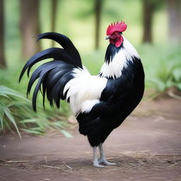 A striking photograph of a real rooster showcasing unique panda-like coloration