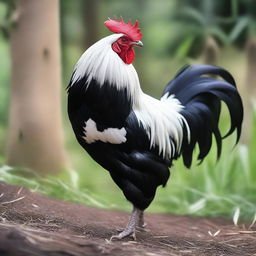 A striking photograph of a real rooster showcasing unique panda-like coloration