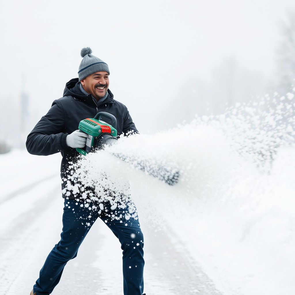 A man in action, confidently holding a leaf blower, blowing snow off a snowy road