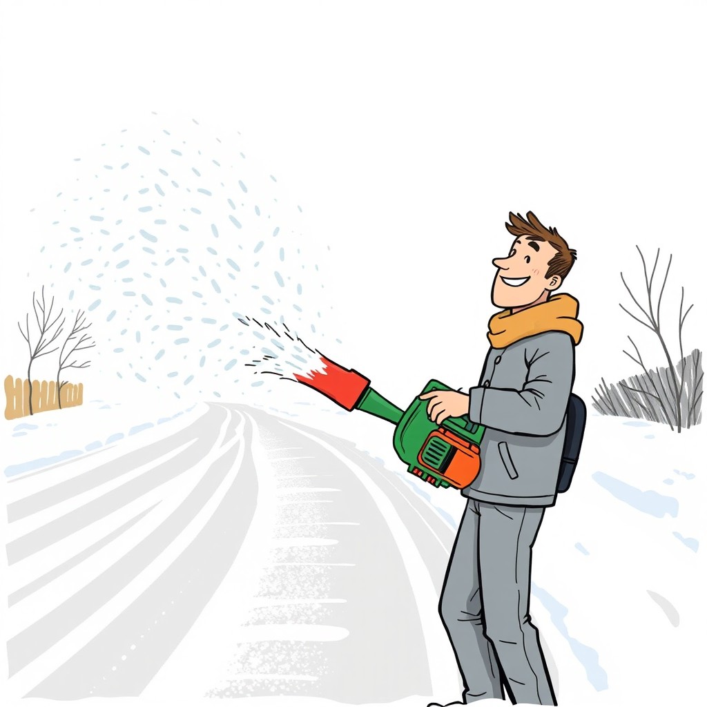 A drawing of a man in action, confidently holding a leaf blower, blowing snow off a snowy road