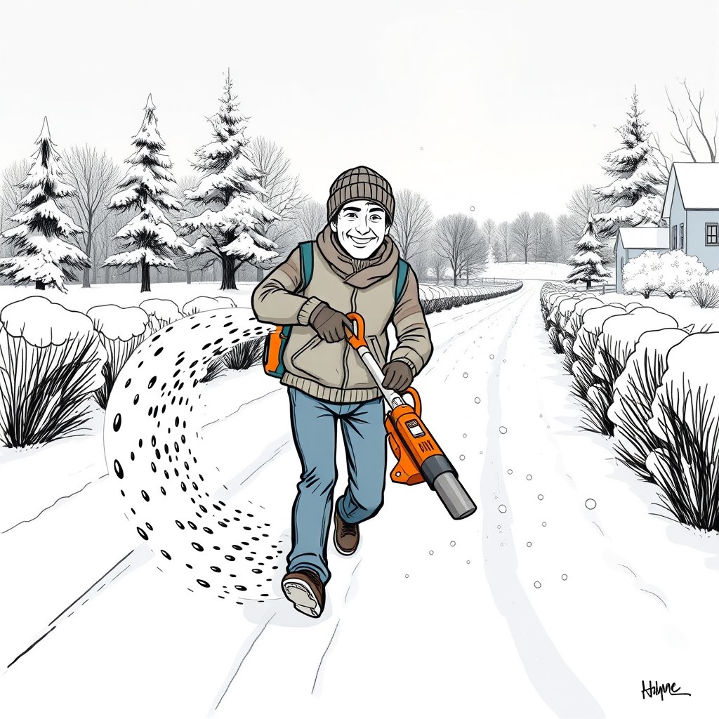 A drawing of a man energetically using a leaf blower, moving down a snowy road as the snow is being blown away, creating a clear path behind him