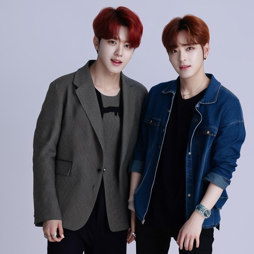 Beomgyu from TXT in a casual yet stylish attire standing next to his girlfriend, dressed in a trendy and fashionable outfit