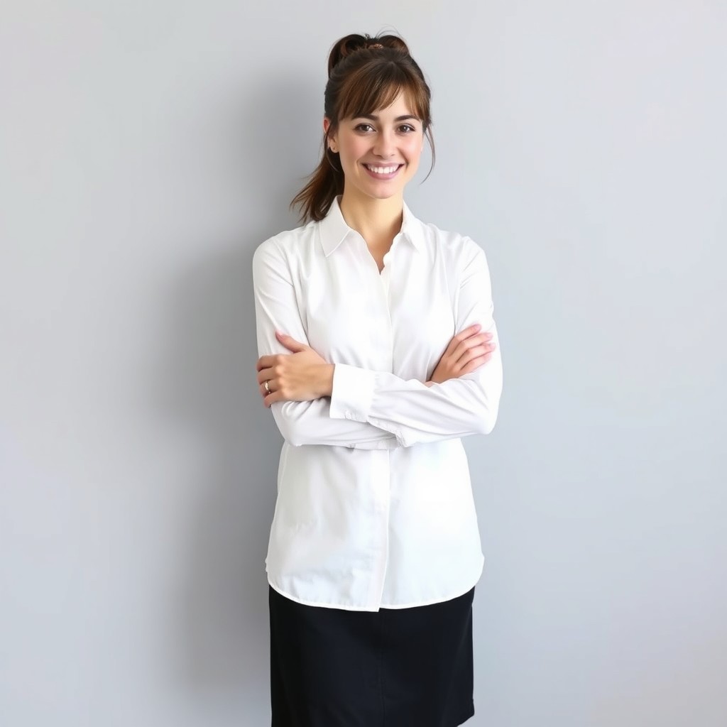 A female teacher standing full height, slightly turned to the side with arms crossed over her chest, displaying a light and inviting smile