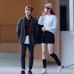 Beomgyu from TXT in a casual yet stylish attire standing next to his girlfriend, dressed in a trendy and fashionable outfit