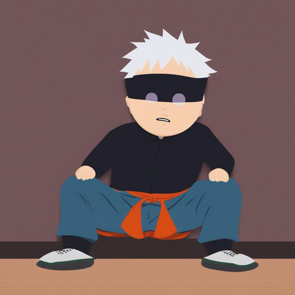 A digital art image depicting Satoru Gojo from Jujutsu Kaisen in the classic South Park style