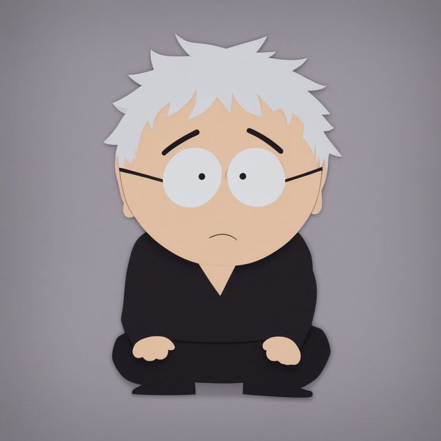 A digital art image depicting Satoru Gojo from Jujutsu Kaisen in the classic South Park style