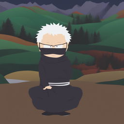 A digital art image depicting Satoru Gojo from Jujutsu Kaisen in the classic South Park style