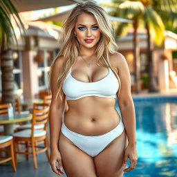 A full-length photograph of a very big, beautiful young woman with a cute and innocent expression