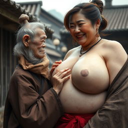 In a medieval Chinese village, an elderly dwarf woman of small stature, with a malnourished body, sharp and decayed teeth, and dressed in a long, closed Buddhist robe