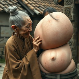 In a medieval Chinese village, an elderly dwarf woman of small stature, with a malnourished body, sharp and decayed teeth, and dressed in a long, closed Buddhist robe