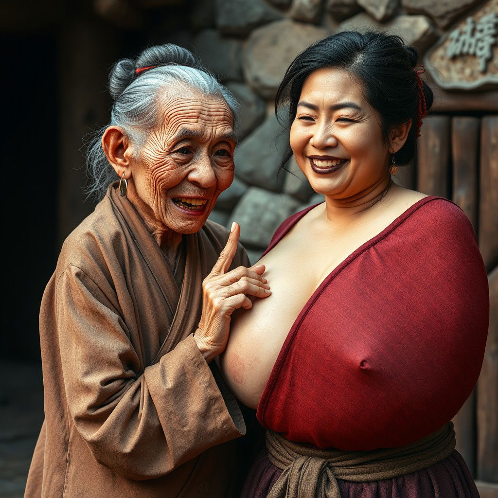 In a medieval Chinese village setting, an elderly woman, who is a small Chinese dwarf with a malnourished body and sharp, rotten teeth, is dressed in a long, closed Buddhist robe