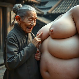 In a medieval Chinese village setting, an elderly woman, who is a small Chinese dwarf with a malnourished body and sharp, rotten teeth, is dressed in a long, closed Buddhist robe