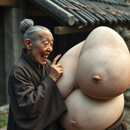 In a medieval Chinese village setting, an elderly woman, who is a small Chinese dwarf with a malnourished body and sharp, rotten teeth, is dressed in a long, closed Buddhist robe