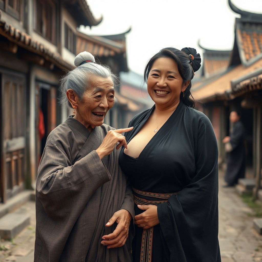 In a medieval Chinese village, a small, elderly Chinese woman with a malnourished body and sharp, decayed teeth is wearing a long, fully closed Buddhist robe