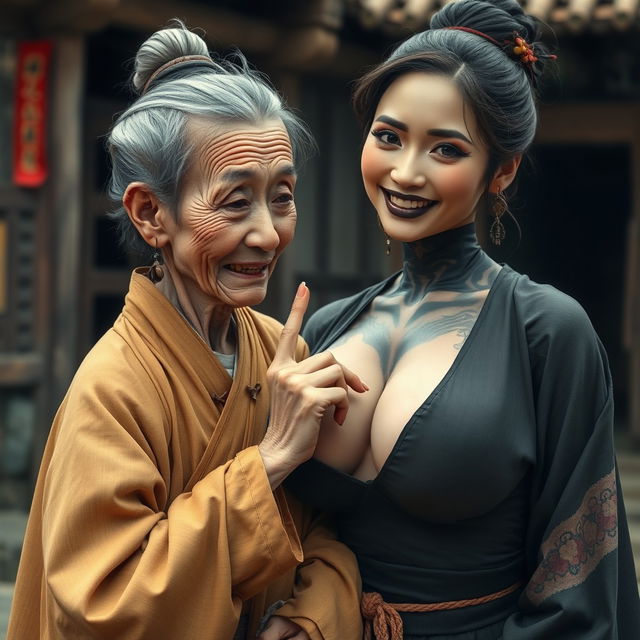 In a medieval Chinese village, a small, elderly Chinese woman with a malnourished body and sharp, decayed teeth is wearing a long, fully closed Buddhist robe