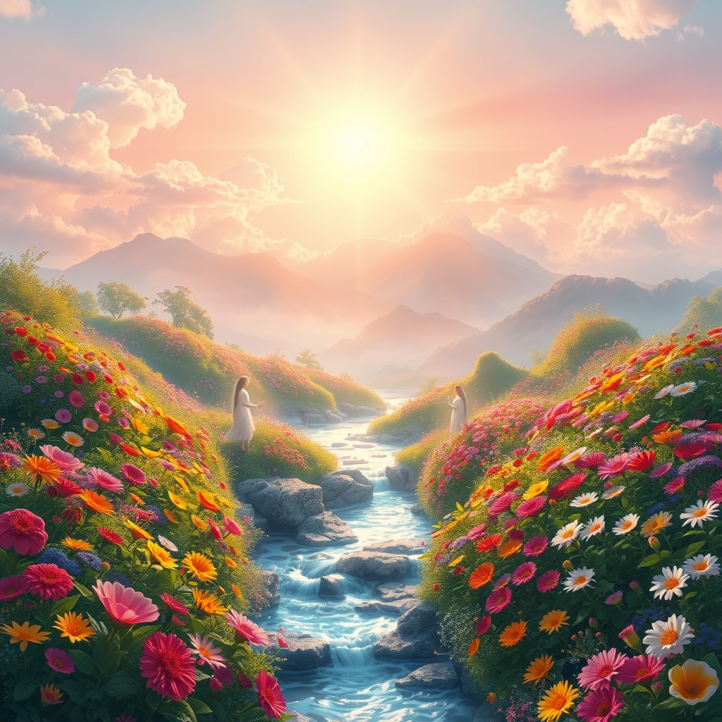 A serene and breathtaking view of paradise in heaven, featuring lush gardens filled with vibrant flowers in a spectrum of colors, crystal-clear rivers flowing gently under a radiant sun