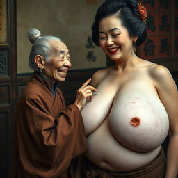 In a medieval Chinese room, a small, elderly Chinese woman with a malnourished body and sharp, decayed teeth is wearing a long, fully closed Buddhist robe