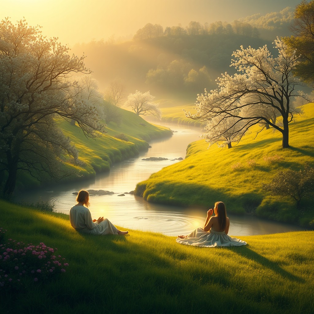 A tranquil and serene representation of Abraham's bosom, depicting a peaceful, lush landscape bathed in soft golden light
