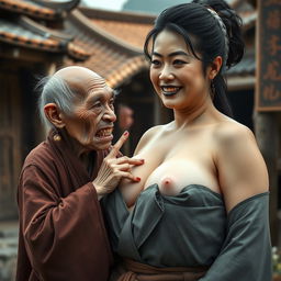 In a medieval Chinese village, an elderly dwarf woman with a malnourished body and sharp, decayed teeth, dressed in a long closed Buddhist robe, and with gray hair styled in a bun, adorned with medieval earrings