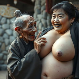 In a medieval Chinese village, an elderly dwarf woman with a malnourished body and sharp, decayed teeth, dressed in a long closed Buddhist robe, and with gray hair styled in a bun, adorned with medieval earrings