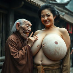In a medieval Chinese village, an elderly dwarf woman with a malnourished body and sharp, decayed teeth, dressed in a long closed Buddhist robe, and with gray hair styled in a bun, adorned with medieval earrings