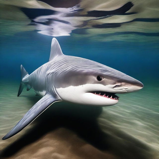 A high-quality, real-life photograph depicting a shark with unusual panda-like coloration