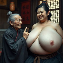 In a medieval Chinese room, an elderly, very small, malnourished Chinese woman with sharp, decayed teeth, dressed in a long, fully closed Buddhist robe, her hair styled in a gray bun, adorned with medieval earrings, is tightly pressing a finger against the chest of a voluptuous Japanese woman