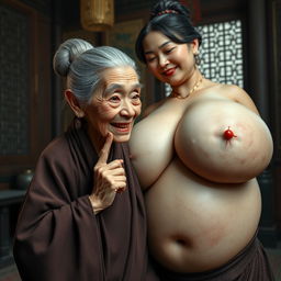 In a medieval Chinese room, an elderly dwarf woman, petite and malnourished with sharp, decayed teeth, is wearing a long, fully closed Buddhist robe