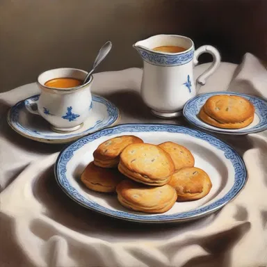 The still life painting beautifully captures a plate of ratafia biscuits, highlighting their delicate texture and rich flavor.