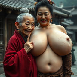 In a medieval Chinese village, an elderly dwarf woman of Indonesian descent appears, petite and malnourished with sharp, decayed teeth, wearing a long, fully closed Buddhist robe