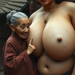 In a medieval Chinese village, an elderly dwarf woman of Indonesian descent appears, petite and malnourished with sharp, decayed teeth, wearing a long, fully closed Buddhist robe