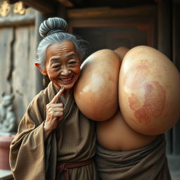 In a medieval Chinese village, an elderly dwarf woman of Indonesian descent appears, petite and malnourished with sharp, decayed teeth, wearing a long, fully closed Buddhist robe