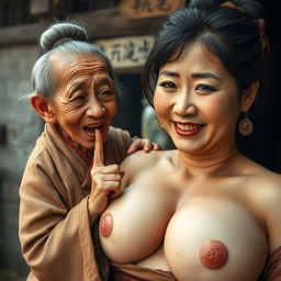 In a medieval Chinese village, an elderly dwarf woman of Indonesian descent appears, petite and malnourished with sharp, decayed teeth, wearing a long, fully closed Buddhist robe