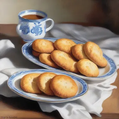 The still life painting beautifully captures a plate of ratafia biscuits, highlighting their delicate texture and rich flavor.