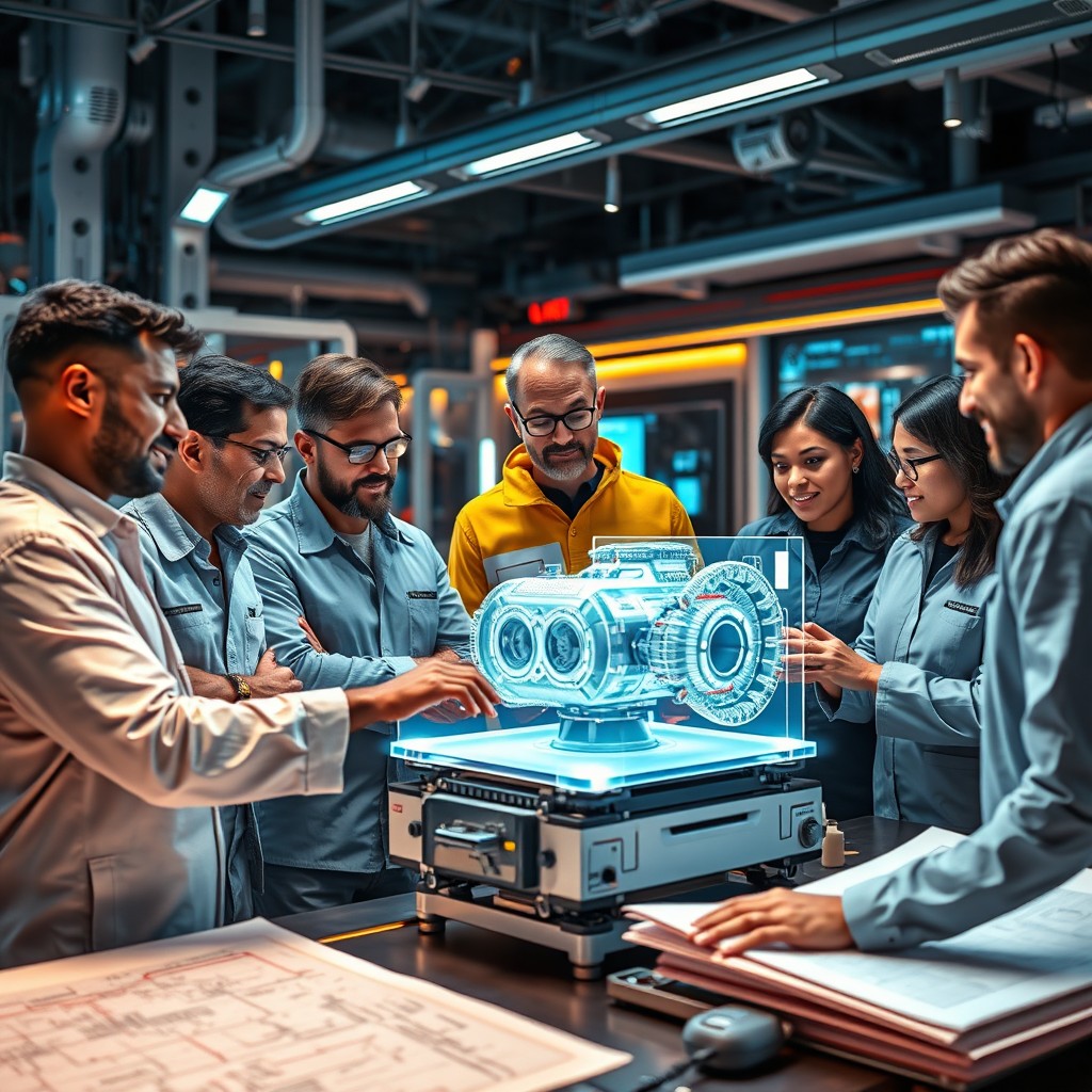 An imaginative scene featuring a team of innovative engineers collaborating on a futuristic project