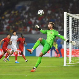 A goalkeeper heroically saving a ball during the final match, with ecstatic crowd reactions