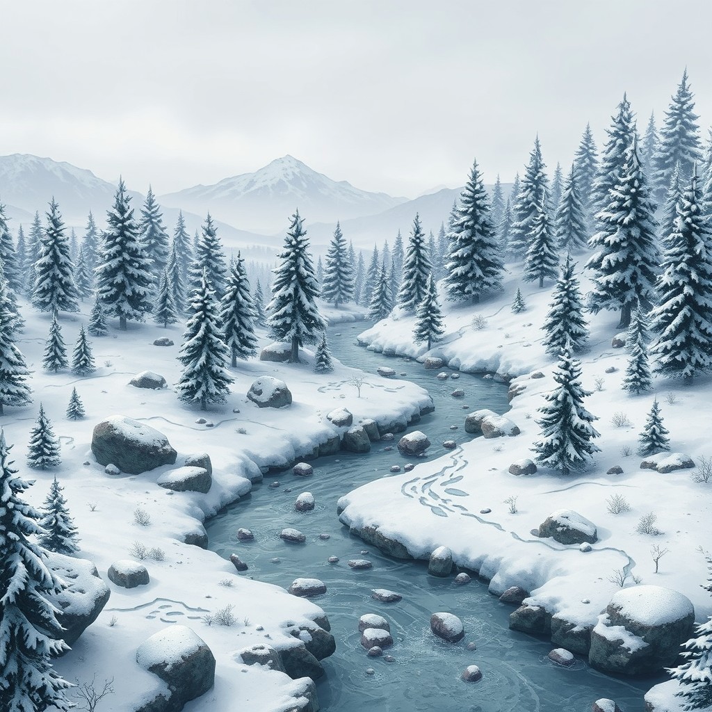 A detailed winter-themed battlemap set in a northern forest