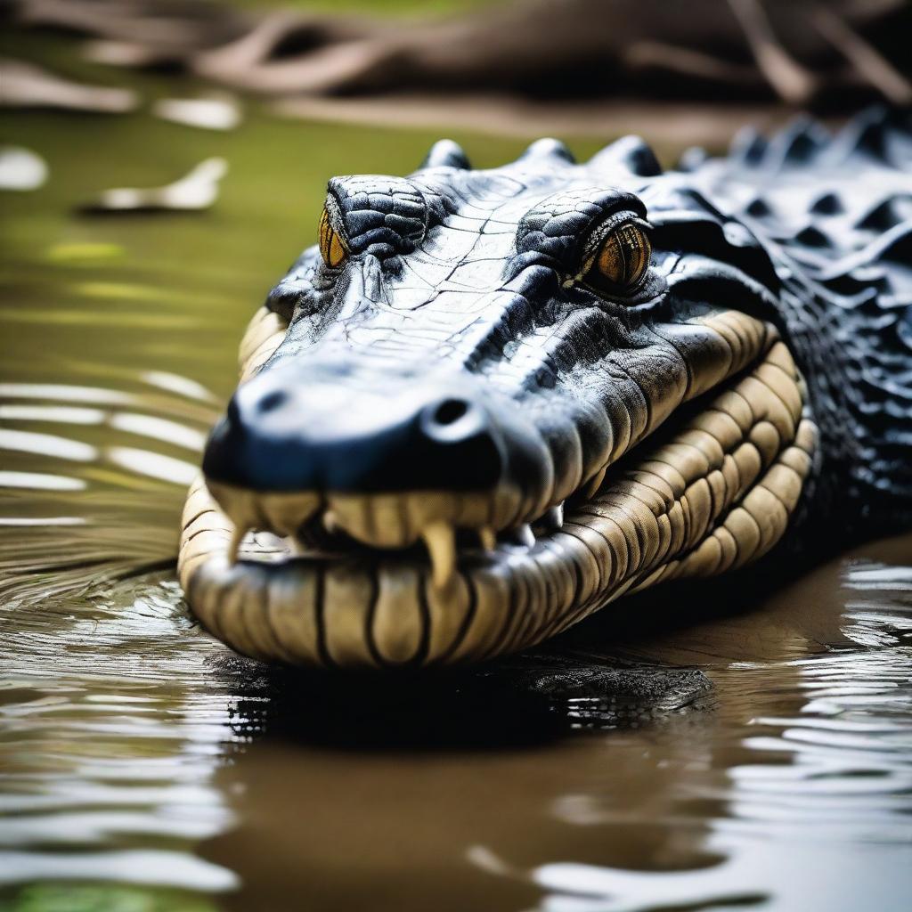 A captivating, high-quality photograph of a real crocodile displaying a unique panda-like coloration