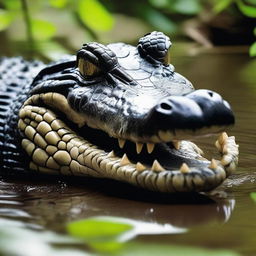 A captivating, high-quality photograph of a real crocodile displaying a unique panda-like coloration