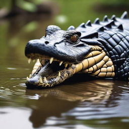 A captivating, high-quality photograph of a real crocodile displaying a unique panda-like coloration