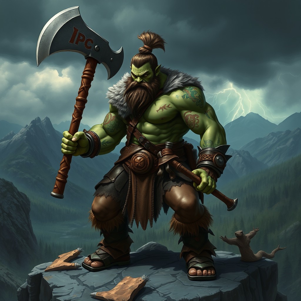 A valiant half-orc barbarian, muscular and fierce, wielding a massive axe
