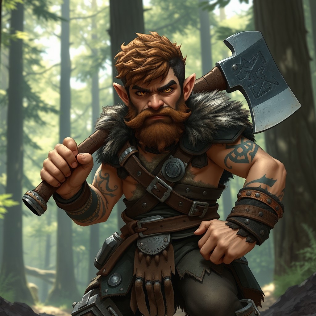 A fierce halfling barbarian, exuding strength and resilience