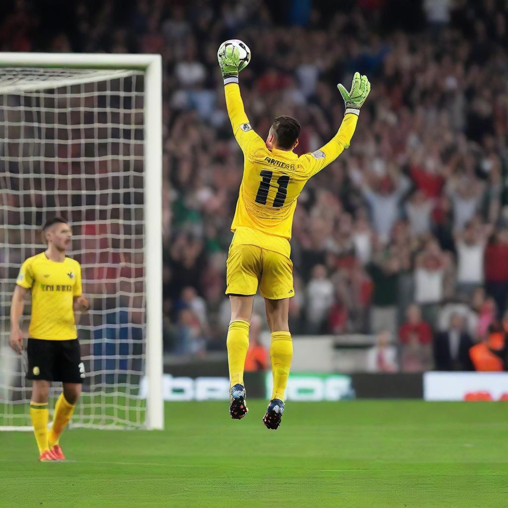 A goalkeeper heroically saving a ball during the final match, with ecstatic crowd reactions