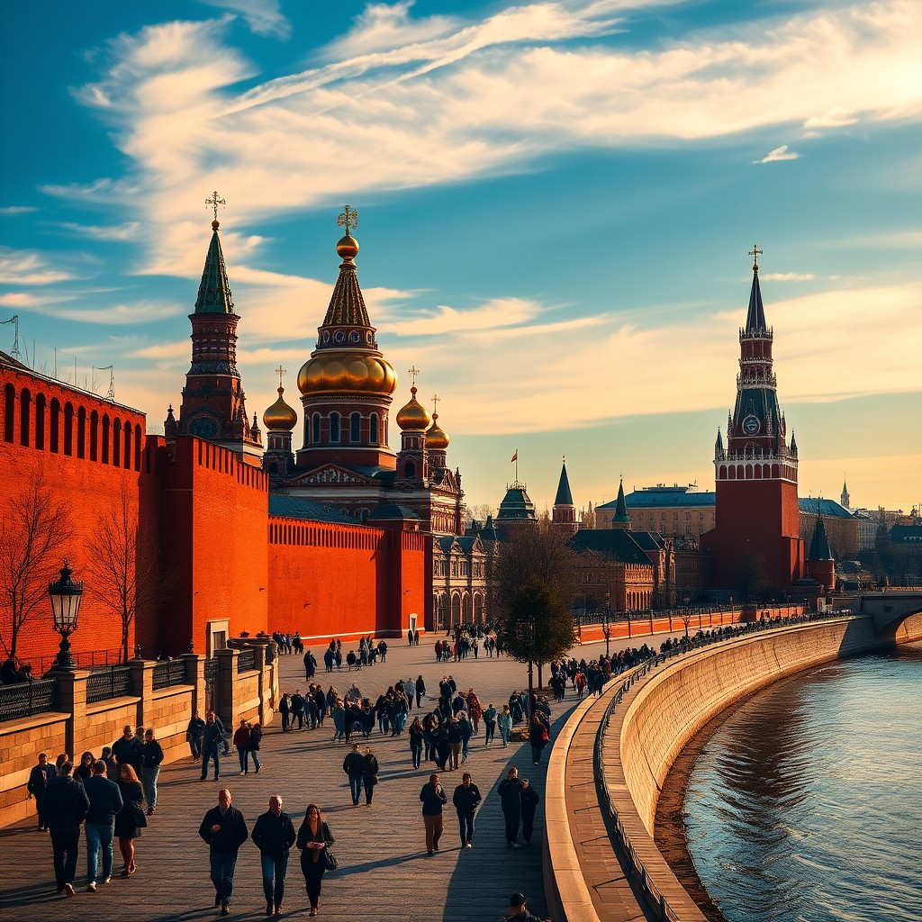 A stunning view of the Moscow Kremlin, showcasing its iconic red walls and towers under a bright blue sky