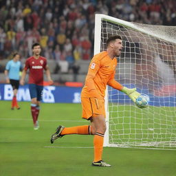 A goalkeeper heroically saving a ball during the final match, with ecstatic crowd reactions