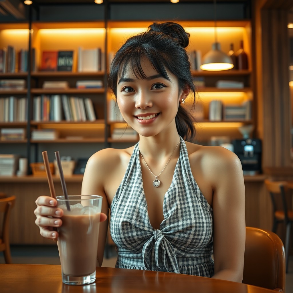 A beautiful young Southeast Asian woman with shiny dark brown hair neatly tied back, with a few strands falling gracefully along her face