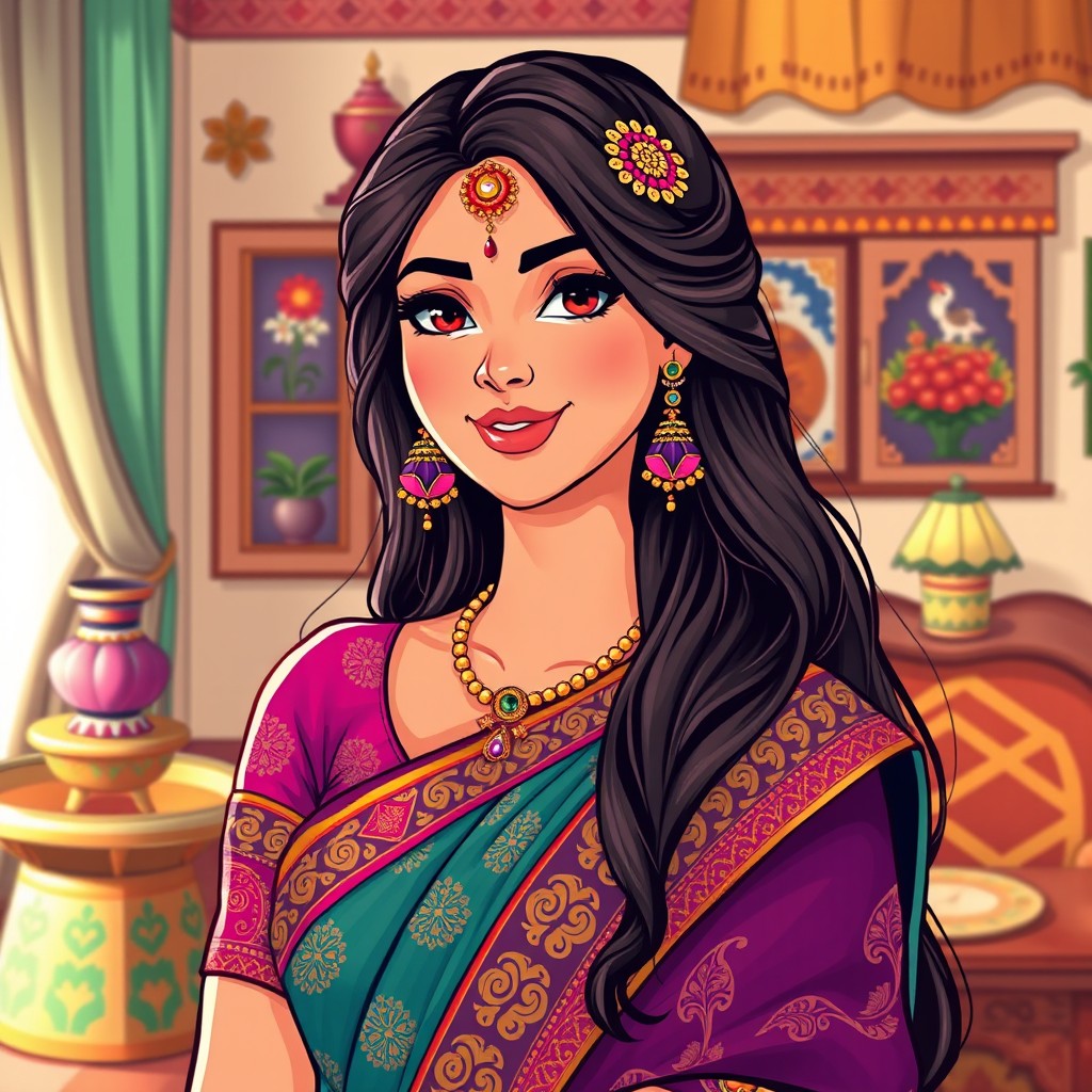 A vibrant and colorful illustration of an attractive woman in traditional Indian attire, such as a richly detailed saree with intricate patterns and vibrant colors