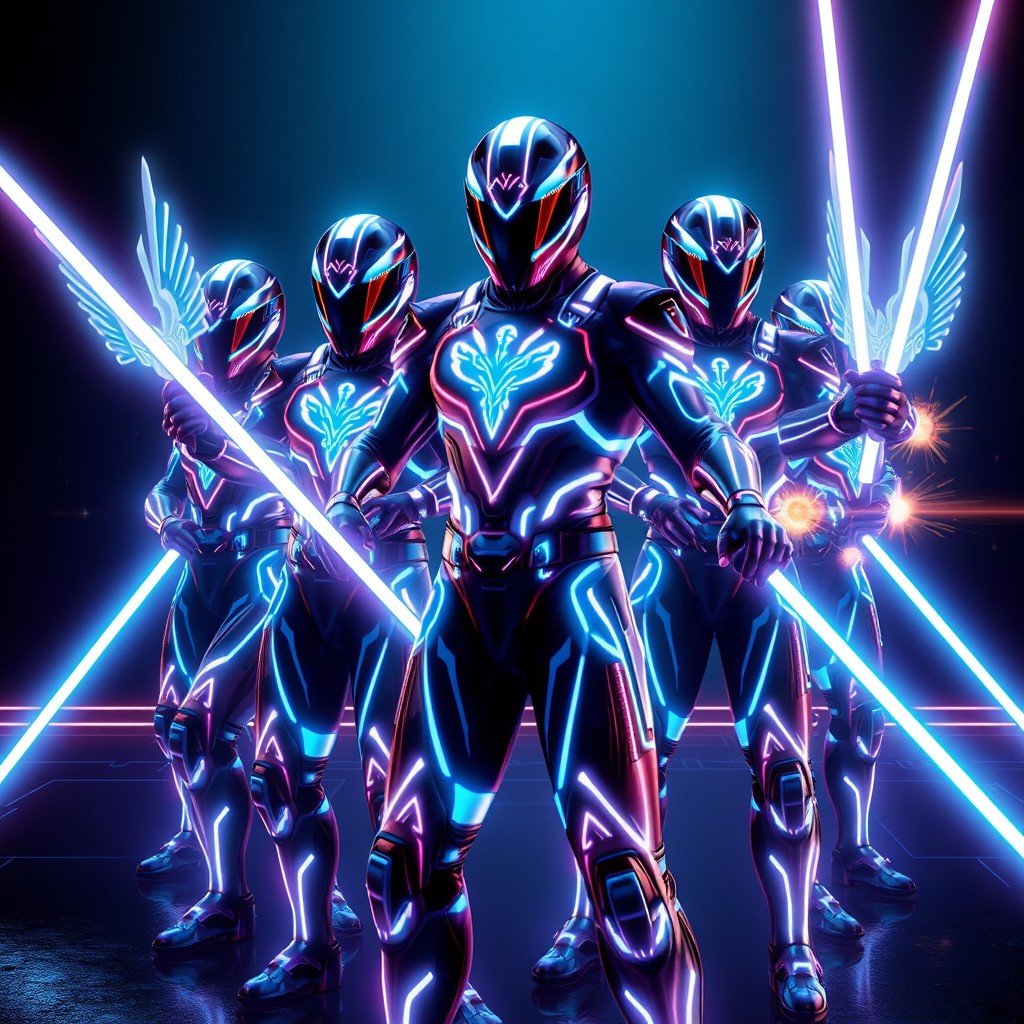 A futuristic superhuman squadron depicted in sleek, high-tech stealth armor inspired by Tron aesthetics