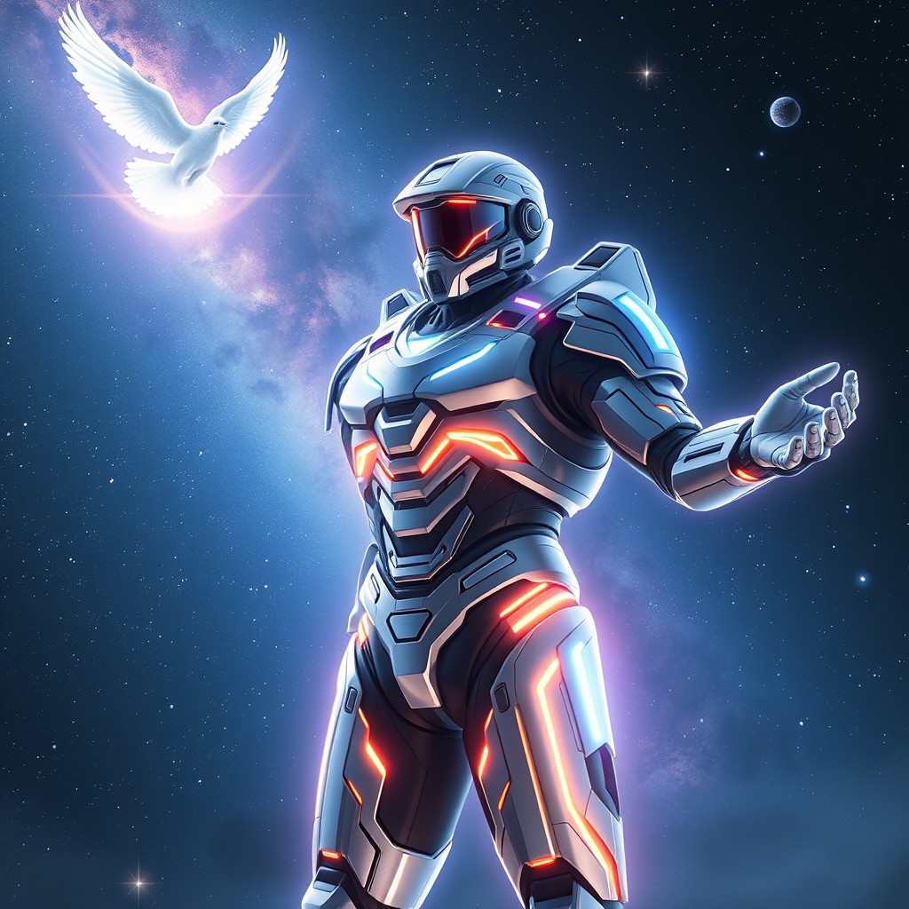 A futuristic celestial superhuman soldier adorned in a blend of Tron-inspired and Halo-like armor, featuring sleek lines and a radiant glow