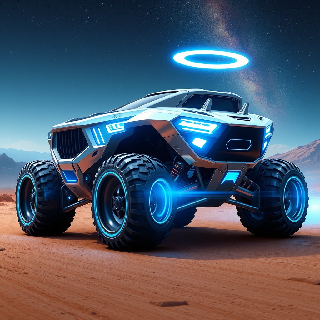 A futuristic celestial off-roader vehicle designed with sleek lines and a combination of Tron-inspired and Halo-like armor